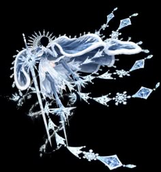 an ice flower with snow flakes on it's petals and leaves, against a black background