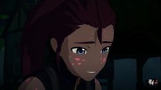 a girl with red spots on her face looking at something in the distance while wearing a black tank top