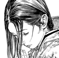 a girl with long hair is looking down at her hand on her chin, while she's holding an object in her other hand