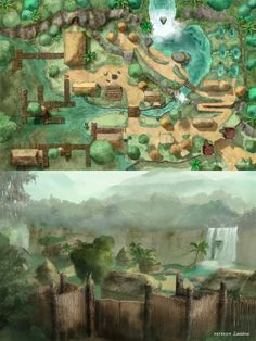 two different views of the same area with trees, water and other things in it