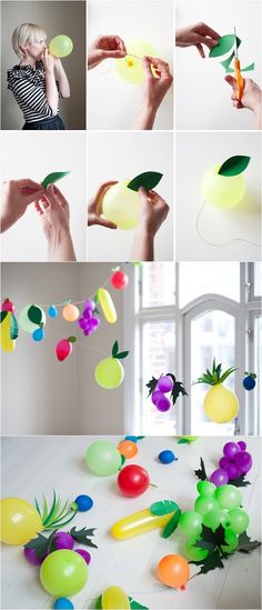 several pictures of balloons and flowers being made