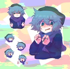 an anime character with blue hair and green eyes, holding his hands together in front of him