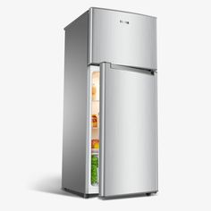 a silver refrigerator with its door open and food in it's side compartment,
