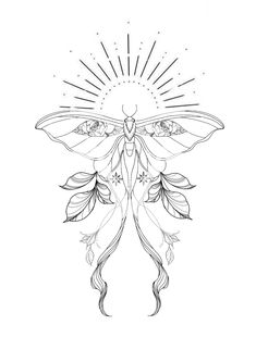 a black and white drawing of a butterfly with feathers on it's wings, surrounded by stars