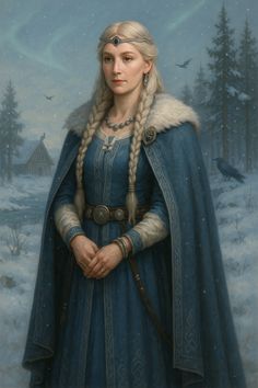 a painting of a woman dressed in blue and wearing a long dress with braids