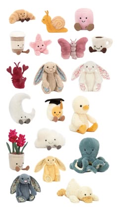 many stuffed animals are arranged in rows on a white background