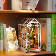 a doll house sitting on top of a book shelf