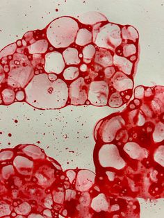 some red and white bubbles in water on a sheet of paper that has been cut into smaller circles