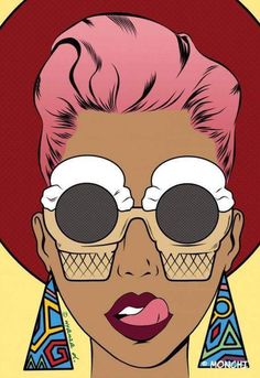 a woman with pink hair and glasses on her face, wearing large round shaped sunglasses