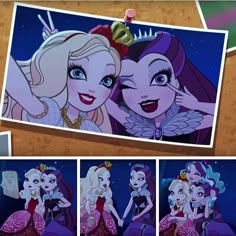 there are pictures of two princesses with their faces together and one has her hand on the shoulder