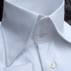 MorCouture White Woven 3Button High Collar Shirt Luxury Classic Shirt With Fold Down Collar, Modern Formal Shirt With Fold Down Collar, Classic White Fitted Collars, Luxury Formal Shirt With Fold Down Collar, Formal Fitted Shirt With Fold-down Collar, High Collar Mens Shirt, Luxury White Collared Shirt, High Collar Dress Shirts, White Collared Shirt With Back Button Closure