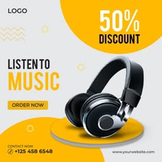 headphones with the words listen to music on it, and an image of a yellow background