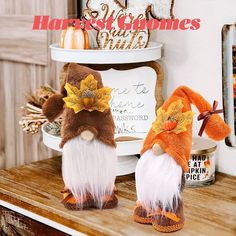 two little gnomes sitting on top of a wooden table