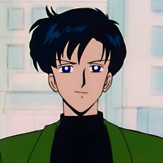 an anime character with blue eyes and black hair in front of a white building looking at the camera