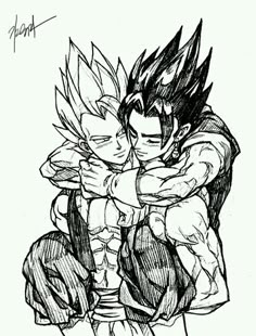 a drawing of gohan and trunks hugging each other with their arms around each other