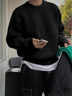 Black Sweater Mens Outfit, Black Sweater Men Outfits, Black Sweater Outfit Men Aesthetic, Black Sweater Outfit Men, Black Sweater Outfit Male, Oversized Black Sweater Outfit Men, Black Knit Sweater Outfit Men, Black Knit Sweater For Streetwear, Black Jumper Outfit Men