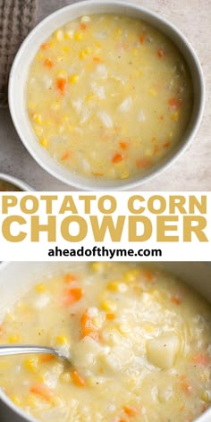 two pictures of potato corn chowder in white bowls