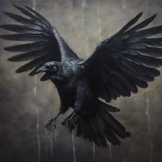 a painting of a black bird with outstretched wings