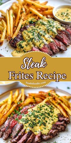 Perfectly seared steak served with crispy fries and herb butter on a plate.