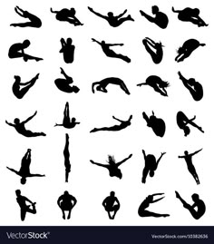 various silhouettes of people doing different things in the air and standing on one leg