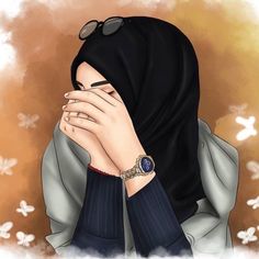 a woman wearing a hijab covering her face with her hands while sitting down