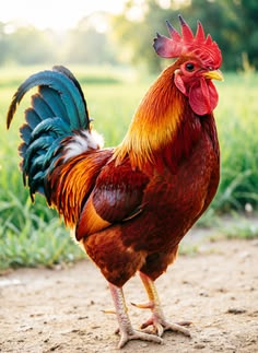 a colorful rooster standing on top of a dirt road next to green grass and trees