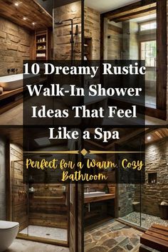 a bathroom with stone walls and wood accents, including a walk - in shower that has been