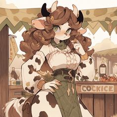 a woman in a cow costume standing next to a sign