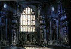 the interior of an old church with stained glass windows