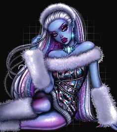 a digital painting of a woman with purple hair and fur on her head, sitting in front of a black background