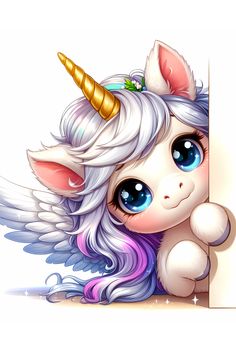 an adorable unicorn with blue eyes and a gold horn peeking out from behind a sign