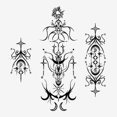 three black and white designs on a white background