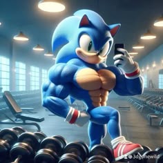 sonic the hedge running through a gym filled with dumbbells and exercise balls, holding a cell phone to his ear