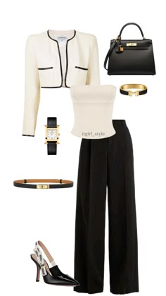 #outfitinspo Outfit Ideas Formal Classy, Classy Outfits Black Pants, Elegant Chanel Outfit, Formal Black And White Outfits Classy, Black And White Outfit Ideas Formal, Chanel Outfit Classy, Chanel Formal Outfit, Old Money Black Pants Outfit, Old Money Outfits Black Pants