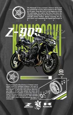 a black and yellow motorcycle is shown in this advertisement