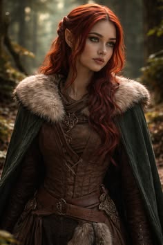 a woman with red hair wearing a brown dress and fur cape in the woods looking at the camera