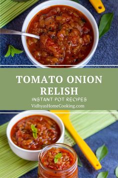 tomato onion relish in a white bowl next to two small bowls filled with sauce