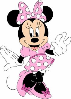 minnie mouse in pink and white polka dot dress with her hands out to the side