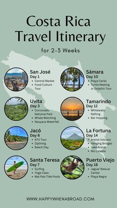 the costa rica travel itinerary for 2 - 3 weeks is shown in this poster