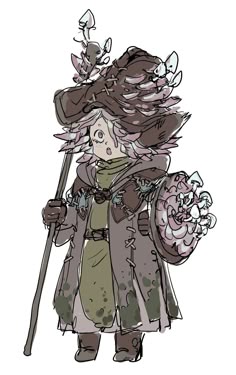 a drawing of a woman with flowers on her head and holding a stick in her hand