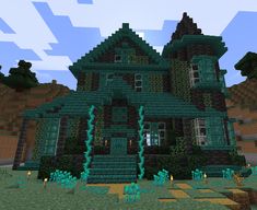 a large house with lots of windows and plants on the front lawn in minecraft