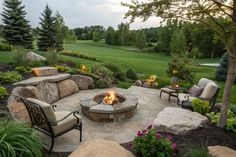 an outdoor fire pit surrounded by rocks and chairs in the middle of a grassy area