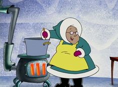 an animated character is cooking food in the kitchen