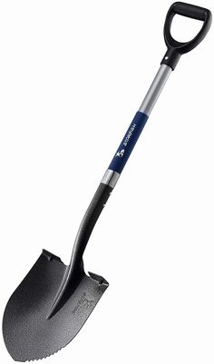a black shovel with a blue handle on a white background