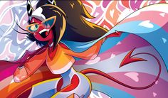 a woman in colorful clothes and glasses is flying through the air