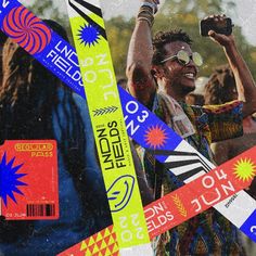 a collage of various colorful ribbons and stickers on a man's face