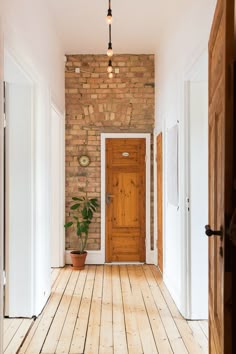 an empty hallway with a wooden door and brick wall in the background, along with a potted plant