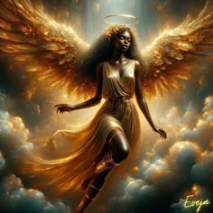 an angel in the sky with clouds and light coming from her head, surrounded by gold wings