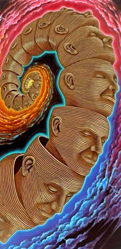 an image of a spiral shaped object in the middle of a painting with multiple colors and shapes