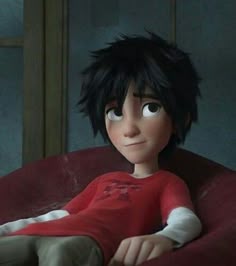 an animated character is sitting on a red chair